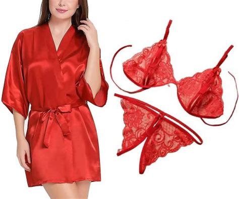 Buy Iyaracollection Women Maroon Red Self Design Pure Satin Lace Lingerie Robe Set Online At