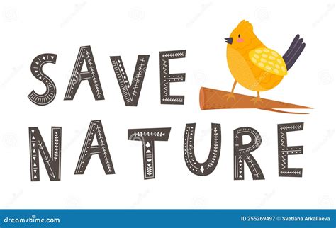 Save Nature Slogan With Cute Bird Coming Out Of Paper Illustration