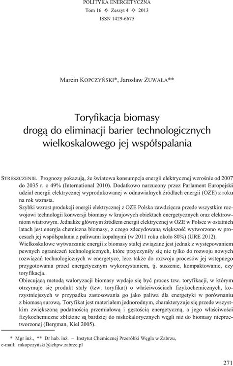 Toryfikacja Biomasy Drog Do Eliminacji Barier Technologicznych