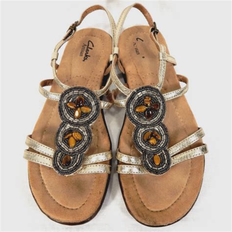 Clarks Artisan Sandals Gold Leather Slingback Beaded Stone Medallion