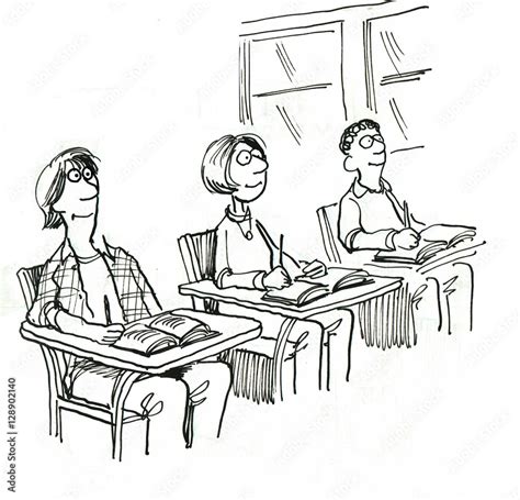 Black And White Illustration Of Three Students Sitting In Class And