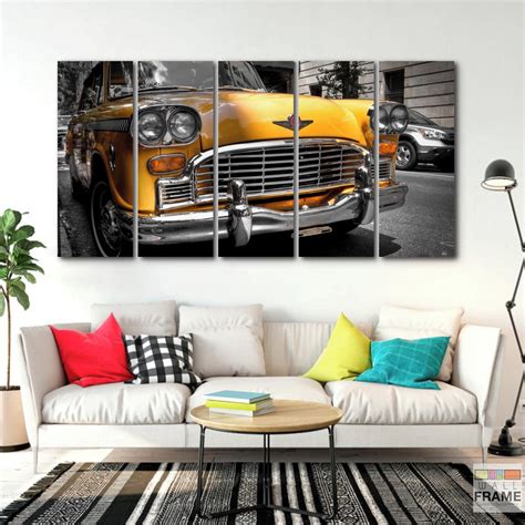 Quadro Decorativo 5 peças Carro Retro Amarelo 140x65 Elo7