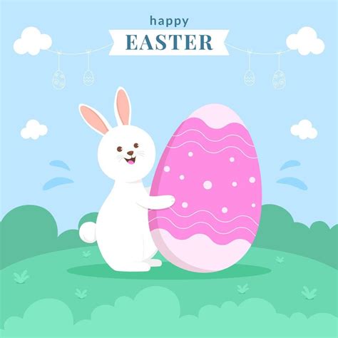 Happy Easter Greeting Card With Cute Bunny And Egg Vector Illustration