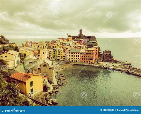 Vernazza Italy With Cloudy Sky Background Aerial View Of Vernazza