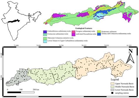 | Narmada River basin map showing geological features as well as ...