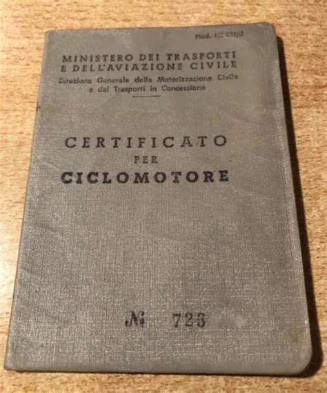 LIBRETTO CIRCOLAZIONE CERTIFICATO Ciclomotore Morini Tipo L 1972 Uso