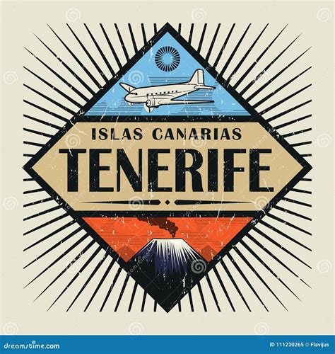 Emblem with Airplane, Volcano and Text Tenerife, Canary Island Stock ...