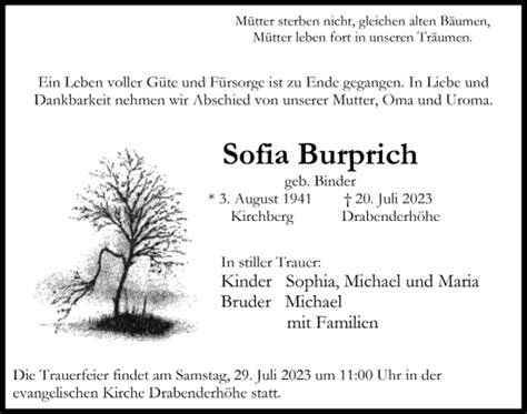 Traueranzeigen Von Sofia Burprich Wirtrauern