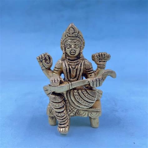 Craftvatika Brass Maa Saraswati Sitting On Base Idol Murti Statue