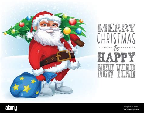 Merry Christmas card with Funny Santa with a tree and gifts Stock Vector Image & Art - Alamy