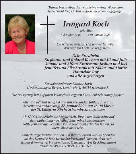 Traueranzeigen Von Irmgard Koch Sich Erinnern De