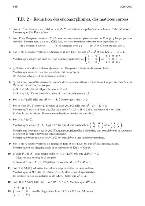 Réduction des endomorphismes Exercices non corrigés AlloSchool