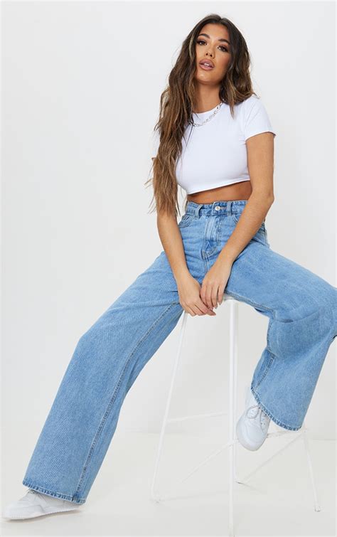 Light Blue Wash Light Weight Wide Leg Jeans Prettylittlething Aus