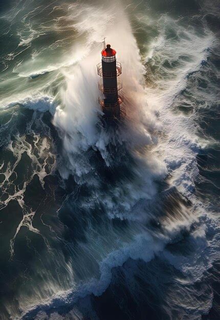 Premium Photo | An aerial look at the ocean storm hitting lighthouse in the style of ...