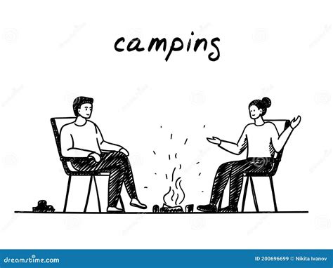 Couple And Campfire Handdrawn Illustration Cartoon Vector Clip Art Of