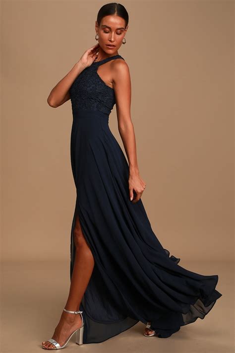 Elegant Navy Blue Maxi Dress Lace Dress Halter Maxi Dress Lulus