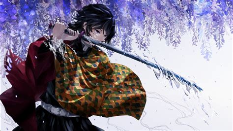 Demon Slayer Giyuu Tomioka With A Long Sharp Sword Under Purple Flowers