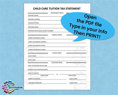 Child Care Tax Statement Form Daycare Or Childcare Printable Tuition