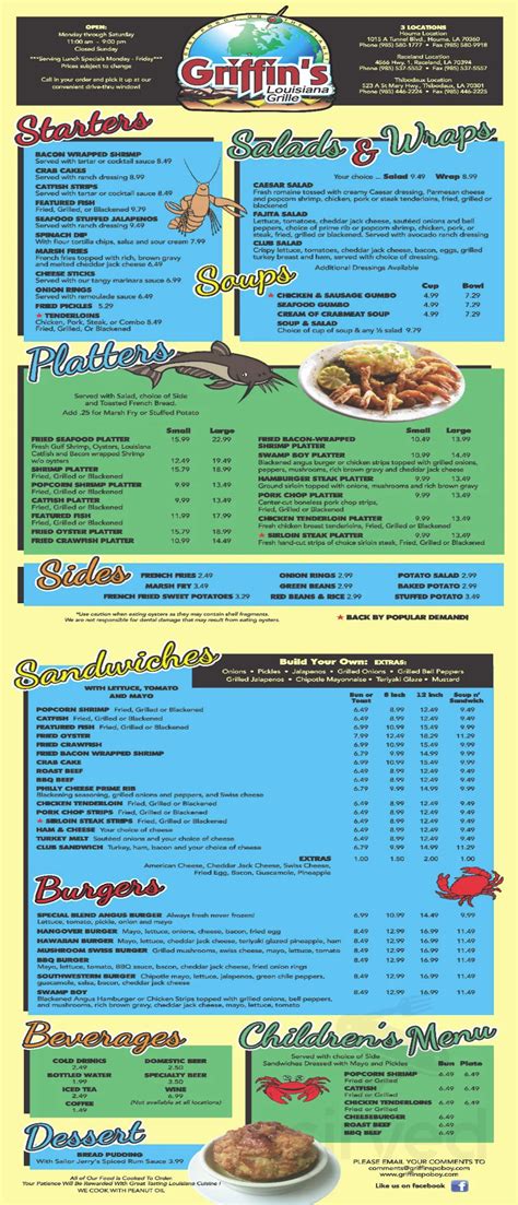 Griffins Louisiana Grille Menus In Thibodaux Louisiana United States