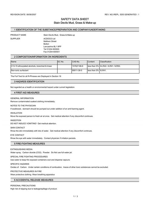 Safety Data Sheet Stain Devils Mud Grass Dr Beckmann