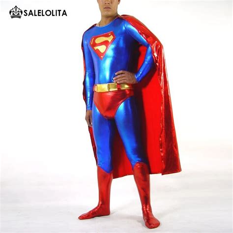 Custom Made Superhero Costumes Shiny Metallic Halloween Spandex Material Red And Blue Superman