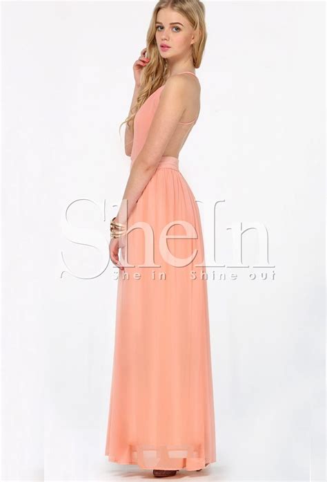 Peach V Neck Spaghetti Straps Backless Maxi Dress Shein Chiffon