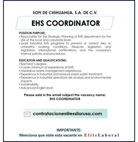 Vacante Ehs Coordinator Elitelaboral