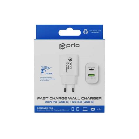 Prio Fast Charge zidni punjač 20W PD USB C QC 3 0 USB A bijeli