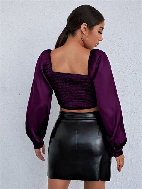 Shein Bae Ruched Bust Lantern Sleeve Crop Satin Top Satin Top Satin