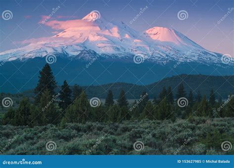 Classical View Of Mount Shasta Volcano With Glaciers In California