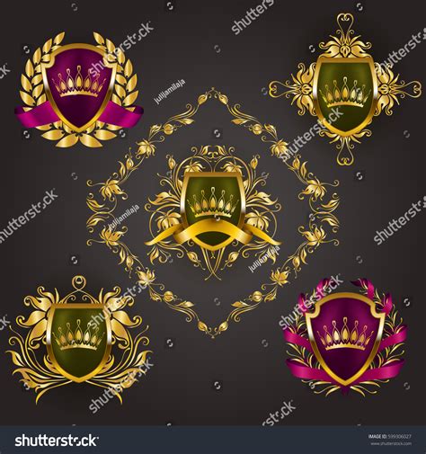 Set Golden Royal Shields Floral Elements Stock Vector Royalty Free