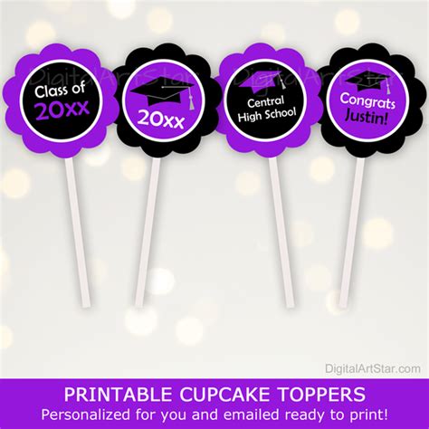 Graduation Cupcake Toppers Purple And Black Congrats Printables