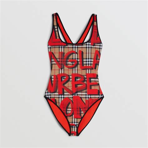 Graffiti Print Vintage Check Swimsuit In Bright Red Women Burberry