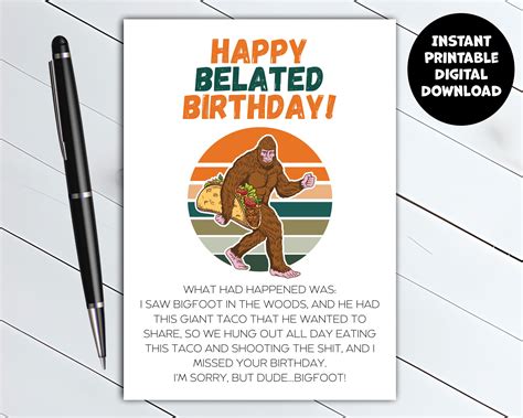 Printable Funny Belated Birthday Card Bigfoot X Etsy