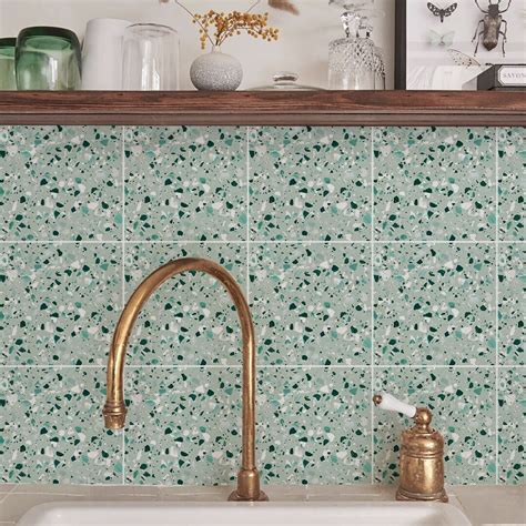 FUNLIFE Sage Green Terrazzo Backsplash Tile Decals Peel And Stick