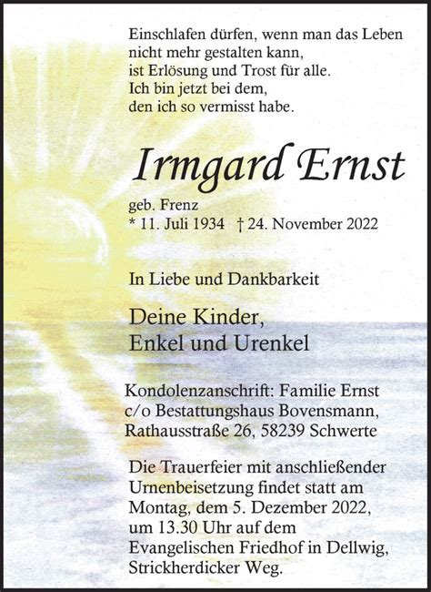 Traueranzeigen Von Irmgard Ernst Sich Erinnern De