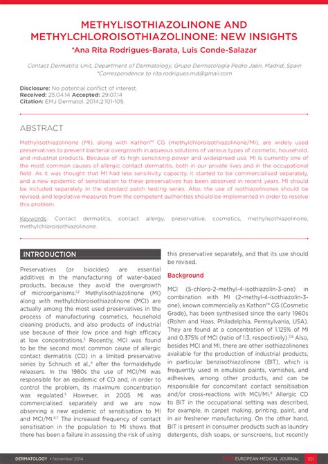 Pdf Methylisothiazolinone And Methylchloroisothiazolinone New Insights