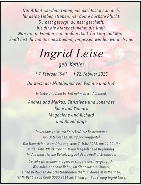 Traueranzeigen Von Ingrid Leise Trauer Und Gedenken