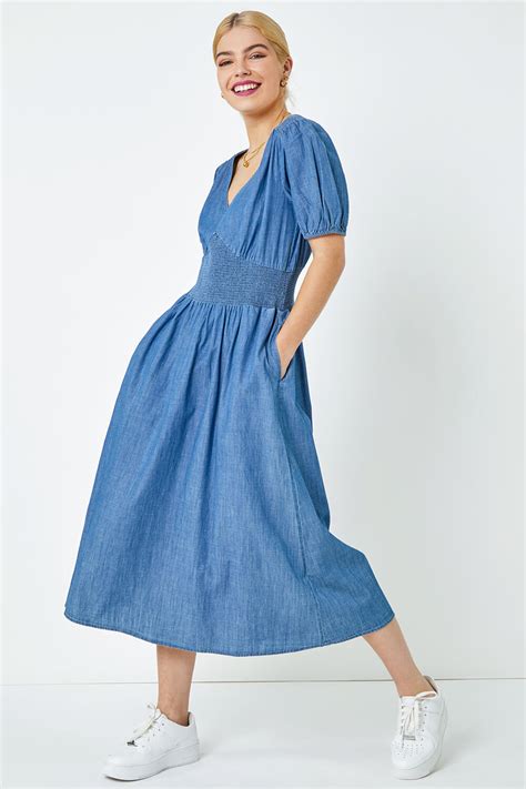 Denim Shirred Waist Pocket Midi Dress Roman UK