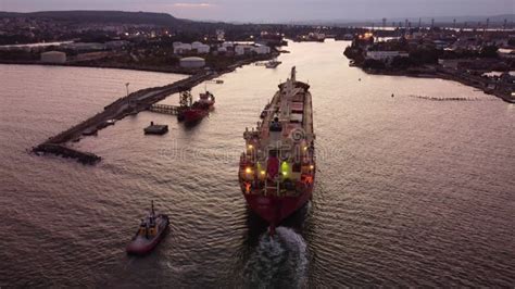 Bulk Carrier Cargo Ship Enters the Port for Unloading in the Evening ...