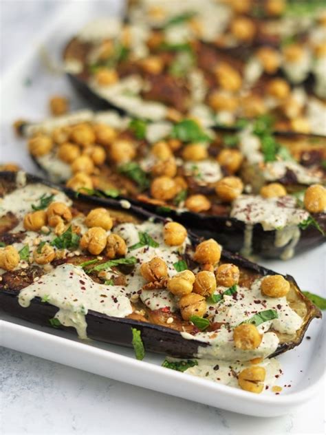 Roasted Aubergine With Herbed Tahini Yogurt And Crispy Chickpeas Moorlands Eater