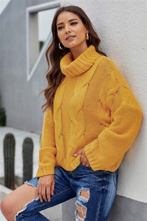 Cecily Cuddle Weather Cable Knit Handmade Turtleneck Sweater Yellow