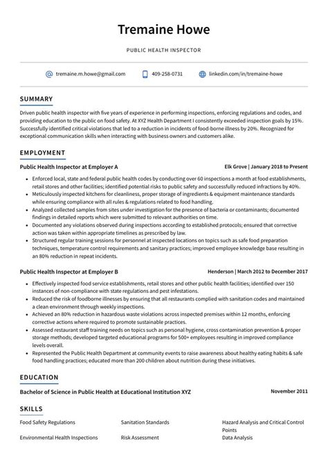 Public Health Inspector Resume CV Example And Writing Guide