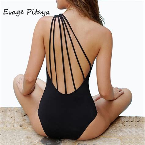 2017 Swimsuit Black Bandage Vintage One Shoulder Swimsut One Piece