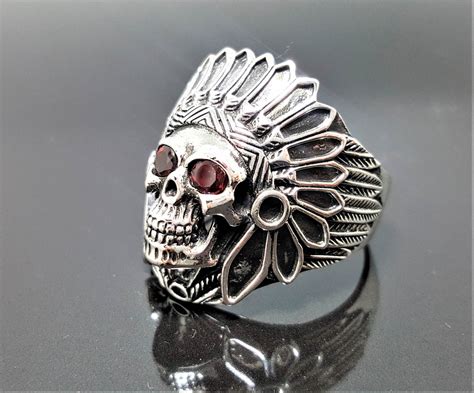 American Indian Skull Tribal Chief Warrior Sterling Silver Ring