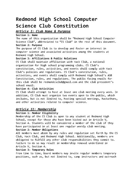 Redmond High School Computer Science Club Constitution - Redmond High