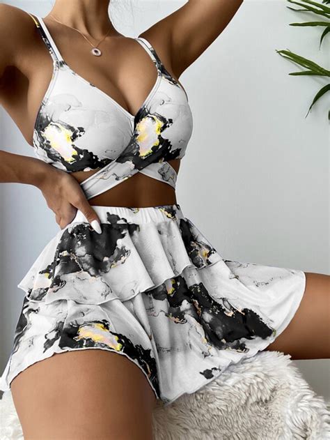 Conjunto de bikini con estampado de mármol Sujetador tipo camisola con