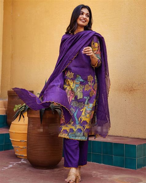 Elegant Violet Color Cotton Kalamkari Print Work Kurti Royal Anarkali