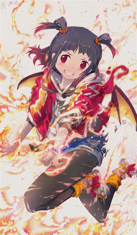 Safebooru 1girl Absurdres Bangs Black Hair Blunt Bangs Casual Dragon Wings Fire Grin Hair