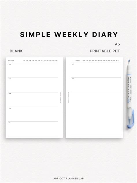 Simple Weekly Diary A5 Printable Planner Insert Blank WO2P Horizontal Week on 2 Pages Undated ...